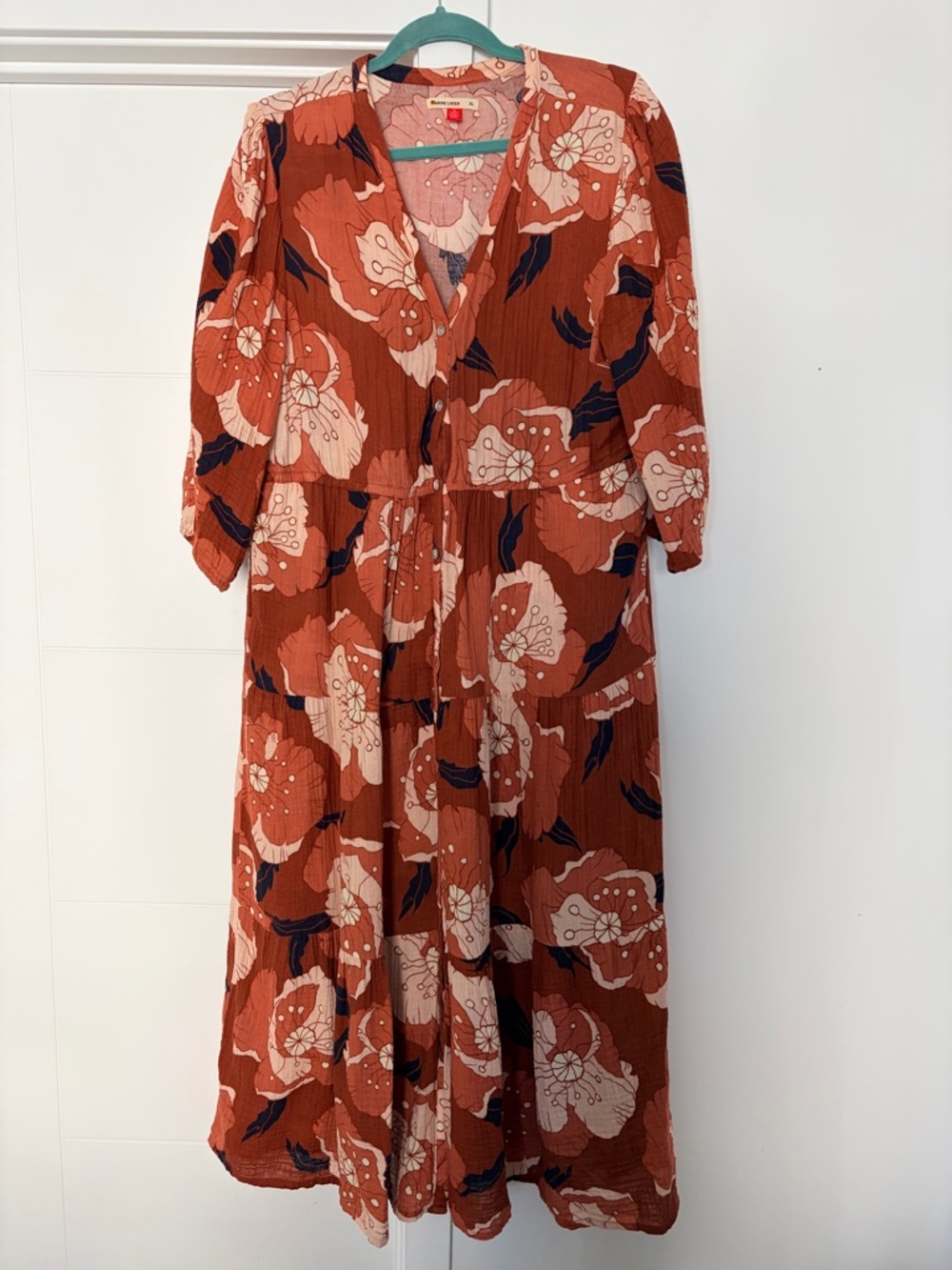Marine Layer Rust Floral Tiered V-Neck Midi Dress